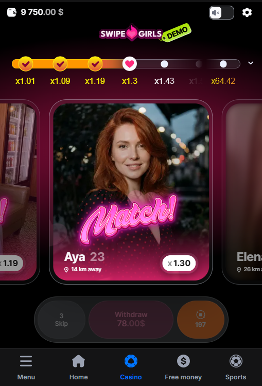 Pantalla de match de Swipe Girls con el multiplicador subiendo